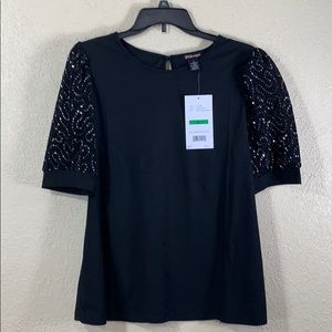 By Design Top Party Blouse Black w/Sequence NWT L Short Sleeve Stretchy Pullover